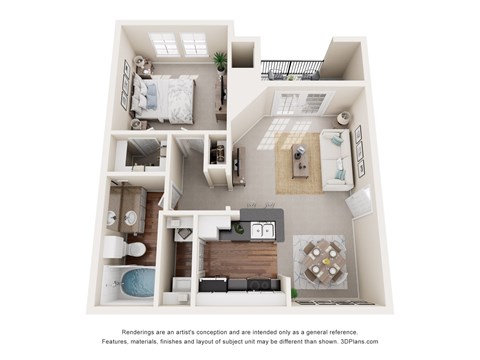 Floor plan for 1 bed, 1 bath, 649 sqft